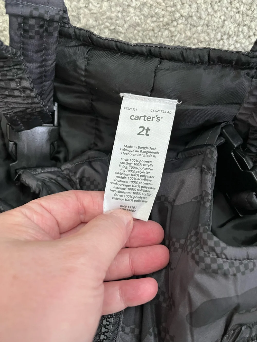NWT Carters Black & Gray Camouflage Bib Pants and Puffer Jacket Size 2T